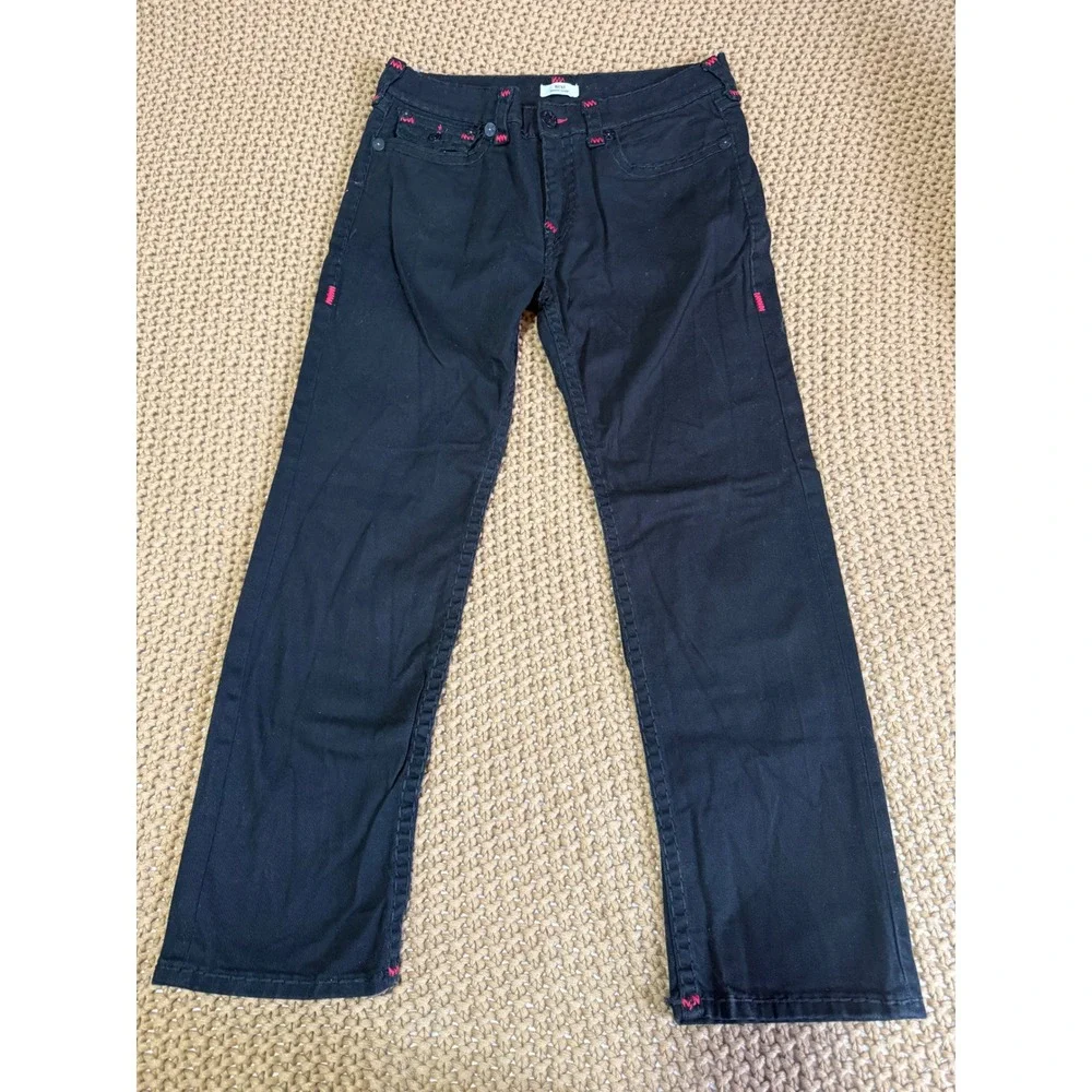 True Religion Ricky Relaxed Straight Black‎ Red Stitch Jeans Size 36 Worn Once